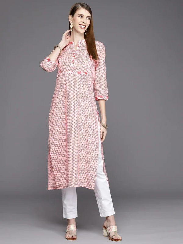 Varanga Women Pink Chevron Printed Pastels Kurta - Indiakreations