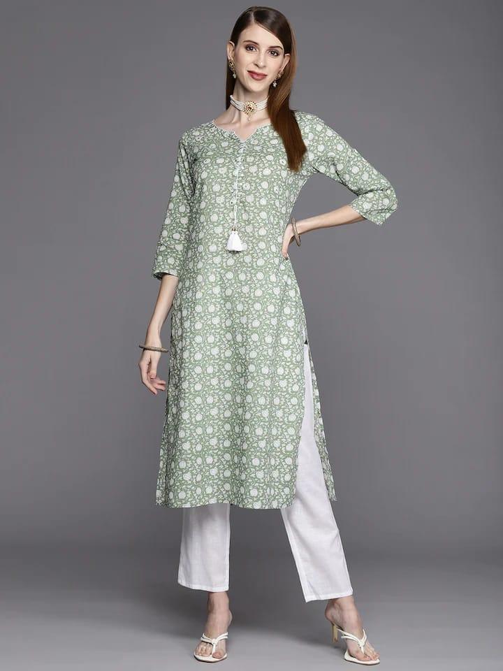 Varanga Women Green & Off White Floral Printed Floral Kurta - Indiakreations