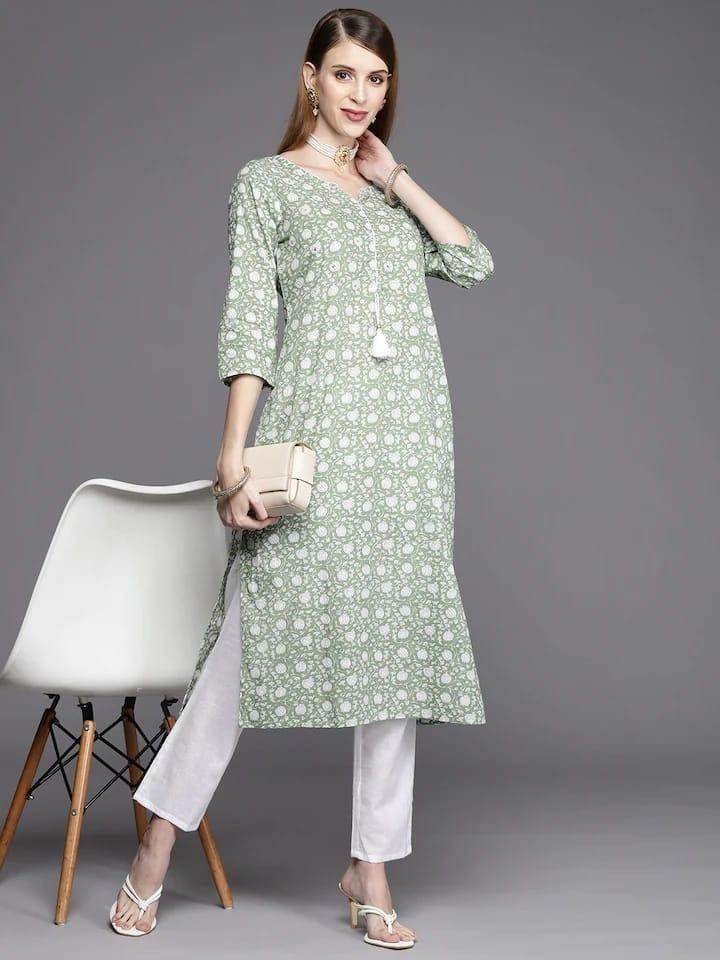 Varanga Women Green & Off White Floral Printed Floral Kurta - Indiakreations