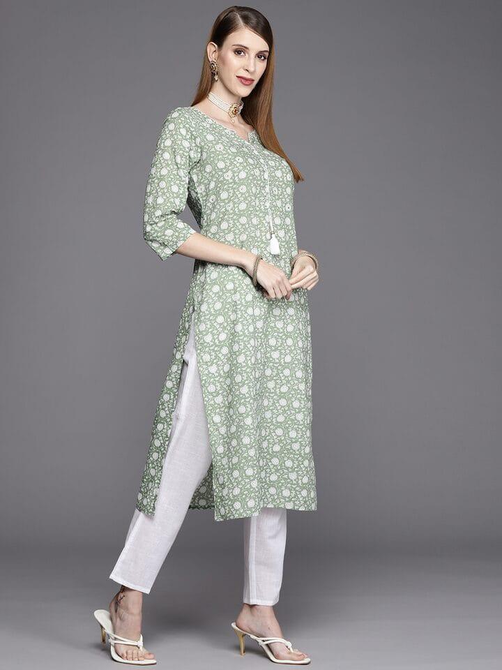 Varanga Women Green & Off White Floral Printed Floral Kurta - Indiakreations