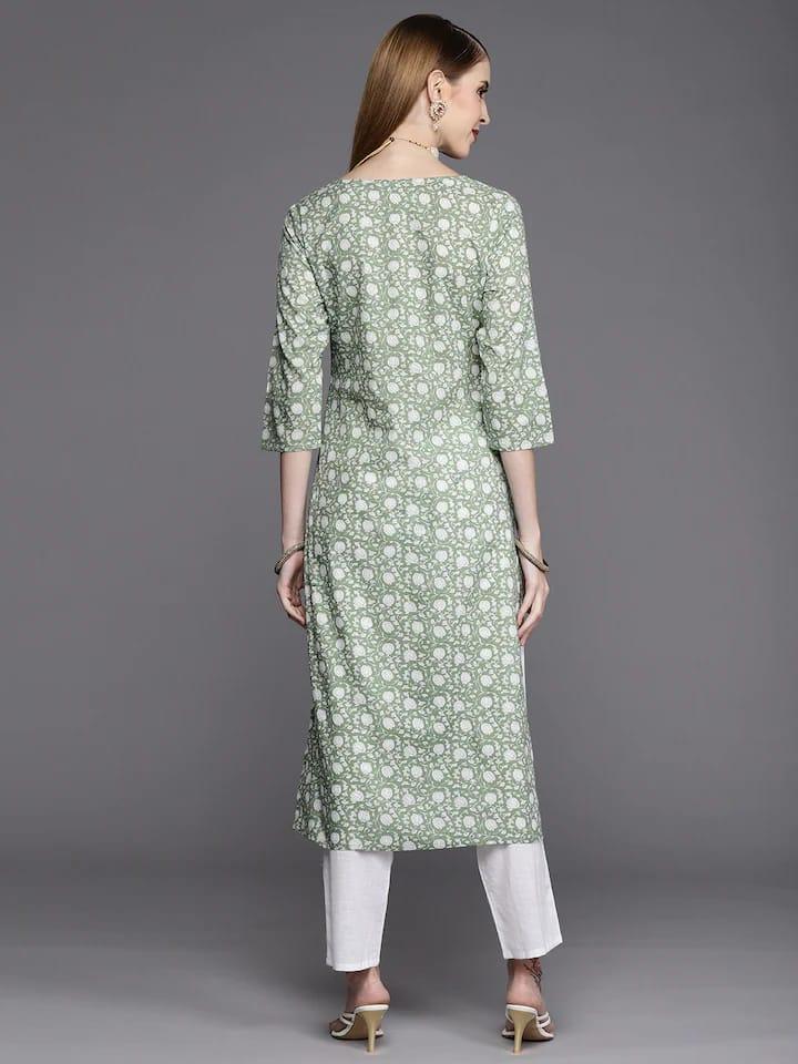 Varanga Women Green & Off White Floral Printed Floral Kurta - Indiakreations