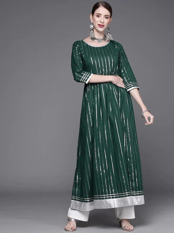 Varanga Women Green & Silver Jacquard Anarkali Kurta - Indiakreations