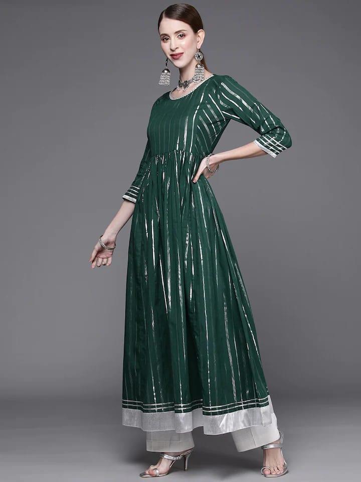 Varanga Women Green & Silver Jacquard Anarkali Kurta - Indiakreations