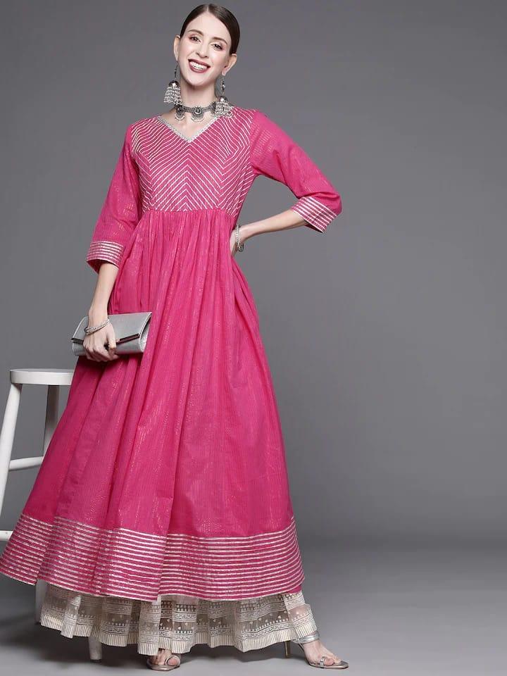 Varanga Women Pink & White Jacquard Anarkali Kurta - Indiakreations