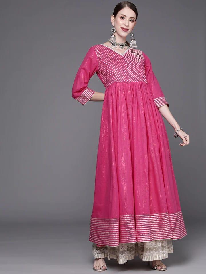 Varanga Women Pink & White Jacquard Anarkali Kurta - Indiakreations