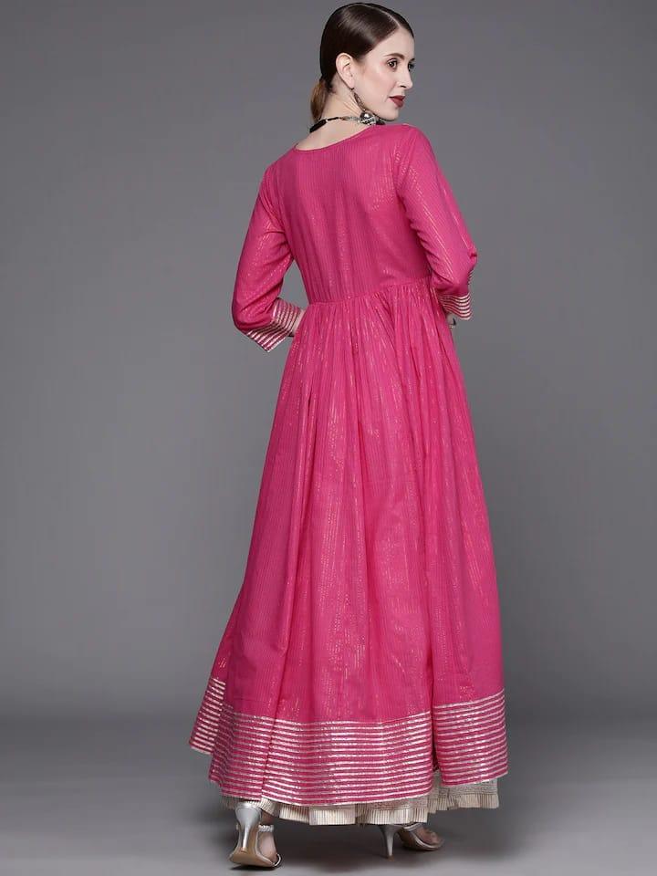 Varanga Women Pink & White Jacquard Anarkali Kurta - Indiakreations