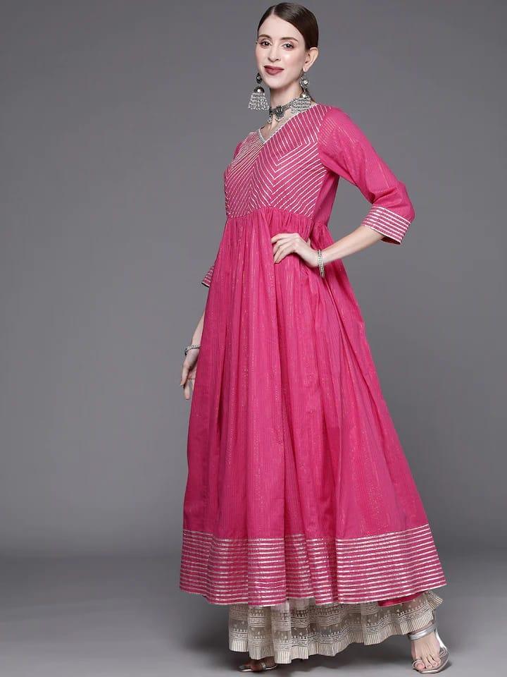 Varanga Women Pink & White Jacquard Anarkali Kurta - Indiakreations