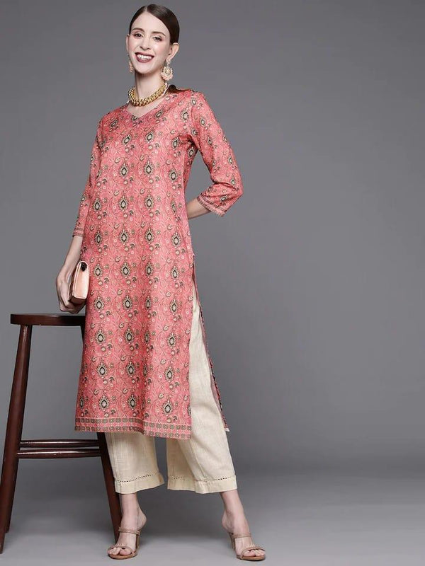 Varanga Women Pink & Green Ethnic Motifs Printed Kurta - Indiakreations