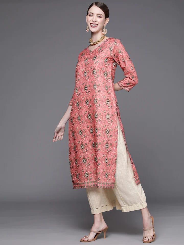 Varanga Women Pink & Green Ethnic Motifs Printed Kurta - Indiakreations