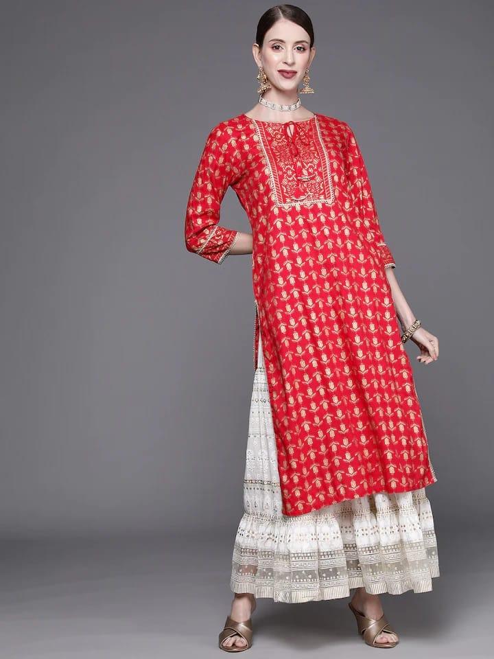 Varanga Women Red & Golden Ethnic Motifs Printed Gotta Patti Kurta - Indiakreations