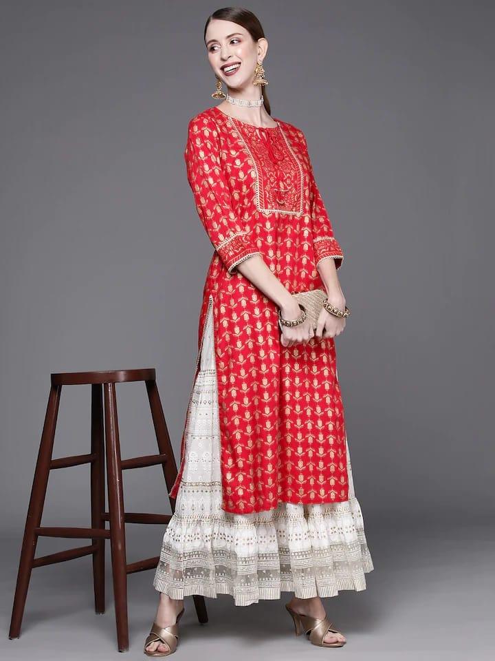 Varanga Women Red & Golden Ethnic Motifs Printed Gotta Patti Kurta - Indiakreations