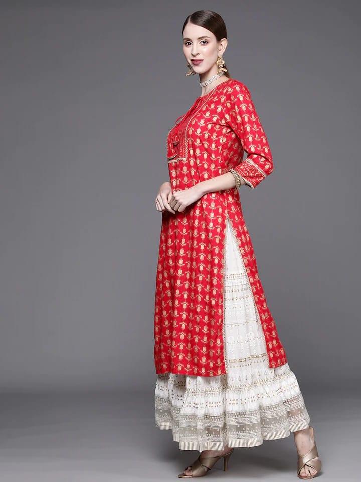 Varanga Women Red & Golden Ethnic Motifs Printed Gotta Patti Kurta - Indiakreations