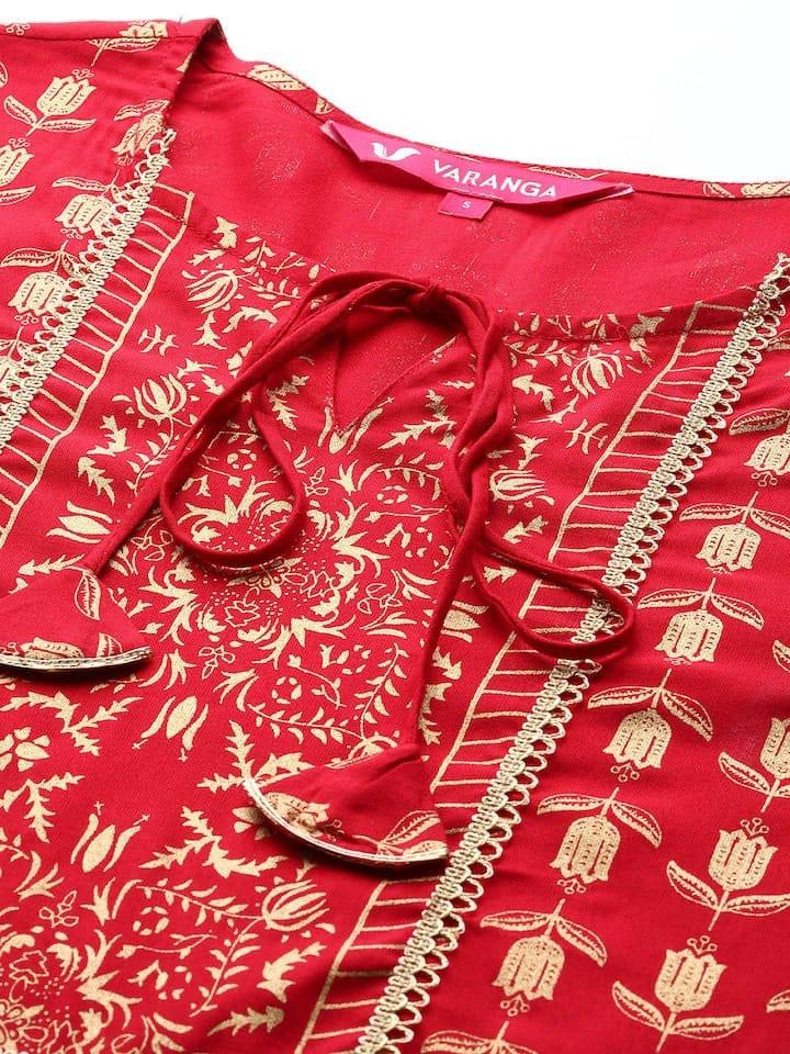 Varanga Women Red & Golden Ethnic Motifs Printed Gotta Patti Kurta - Indiakreations