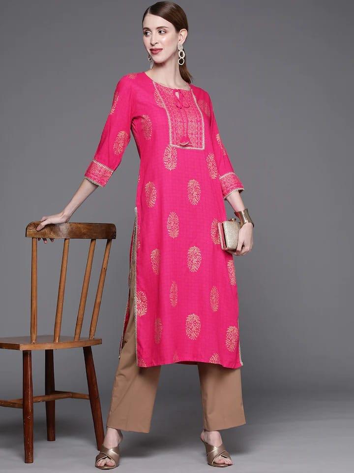 Varanga Women Fuchsia Pink & Golden Ethnic Motifs Printed Block Print Kurta - Indiakreations