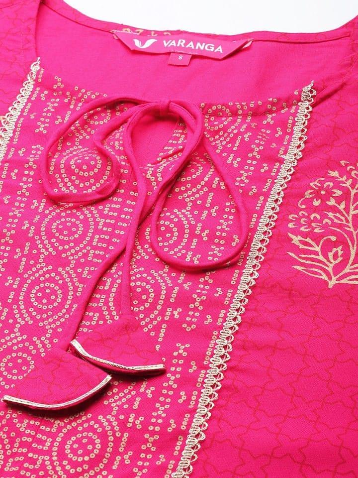 Varanga Women Fuchsia Pink & Golden Ethnic Motifs Printed Block Print Kurta - Indiakreations