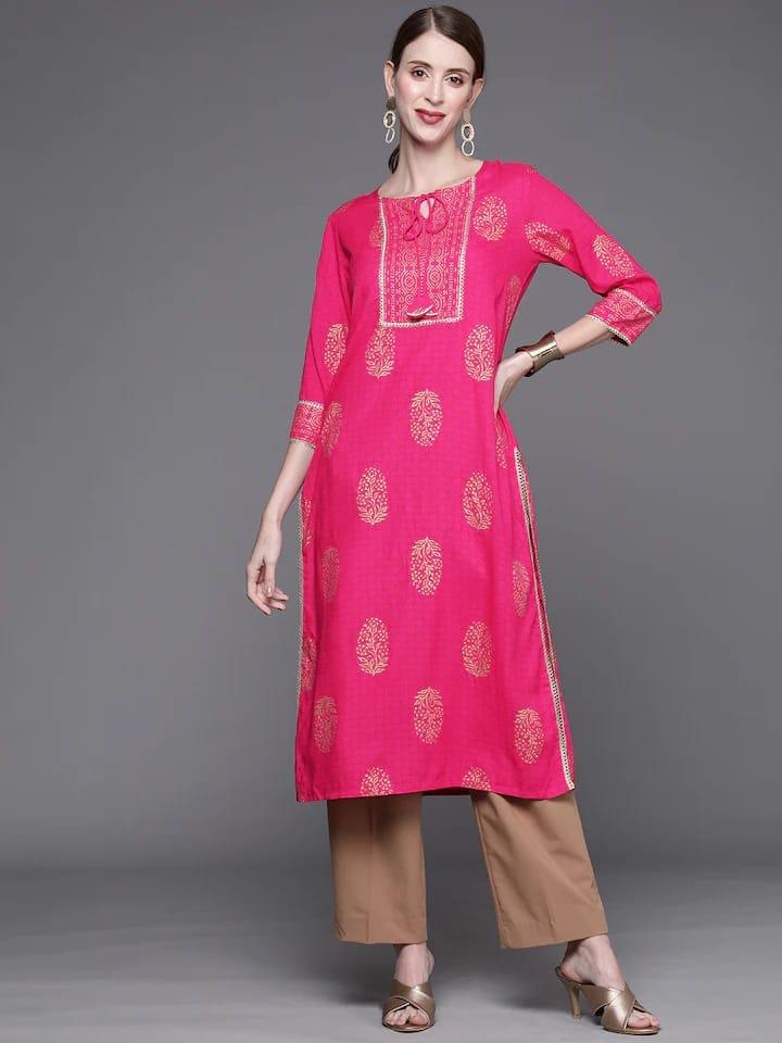 Varanga Women Fuchsia Pink & Golden Ethnic Motifs Printed Block Print Kurta - Indiakreations