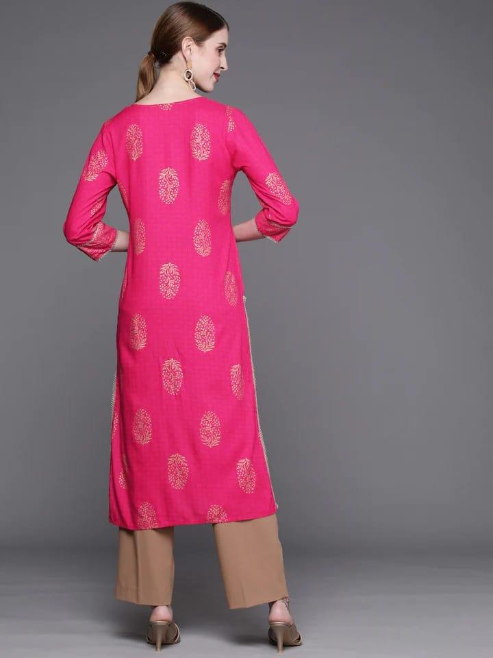 Varanga Women Fuchsia Pink & Golden Ethnic Motifs Printed Block Print Kurta - Indiakreations