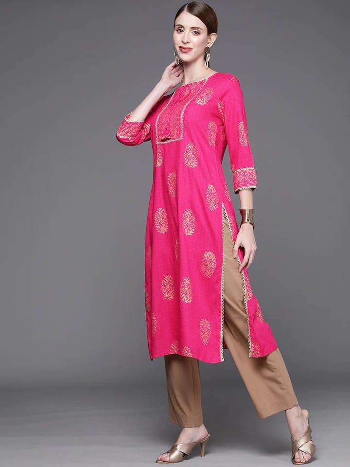 Varanga Women Fuchsia Pink & Golden Ethnic Motifs Printed Block Print Kurta - Indiakreations