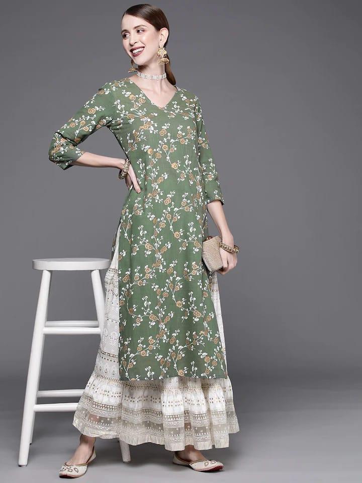 Varanga Women Green & Beige Ethnic Motifs Printed Kurta - Indiakreations