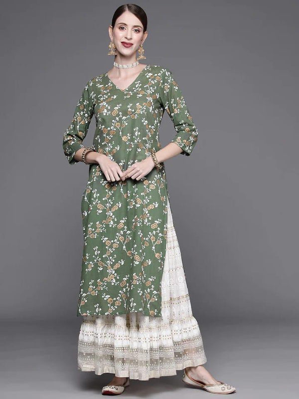 Varanga Women Green & Beige Ethnic Motifs Printed Kurta - Indiakreations