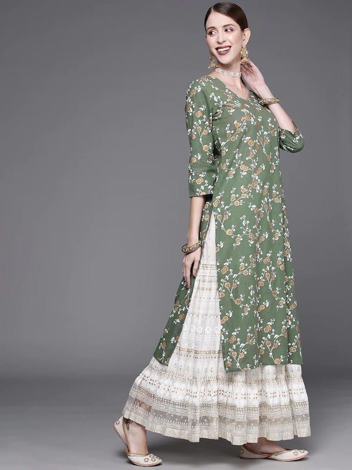 Varanga Women Green & Beige Ethnic Motifs Printed Kurta - Indiakreations