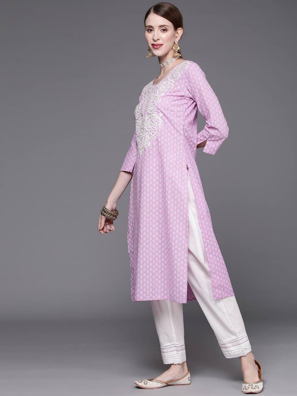 KSUT Women Lavender & White Printed Thread Work Pure Cotton Kurta with Trousers & Dupatta - Indiakreations