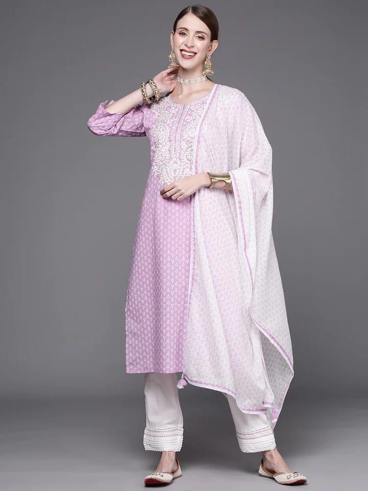 KSUT Women Lavender & White Printed Thread Work Pure Cotton Kurta with Trousers & Dupatta - Indiakreations