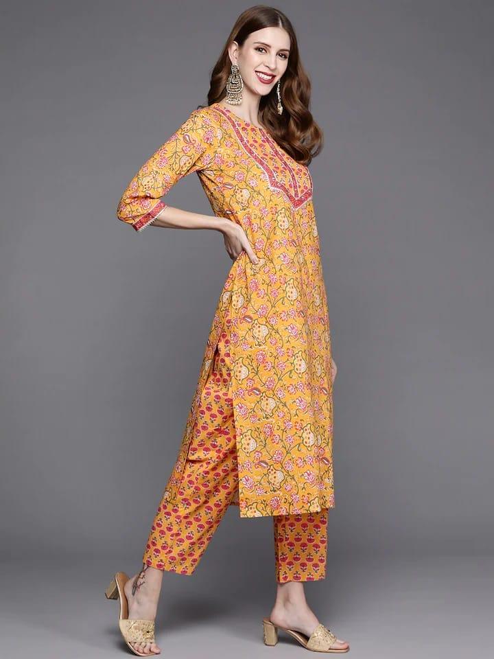 Varanga Women Yellow Pure Cotton Floral Printed Gotta Patti Kurta with Trousers & Dupatta - Indiakreations