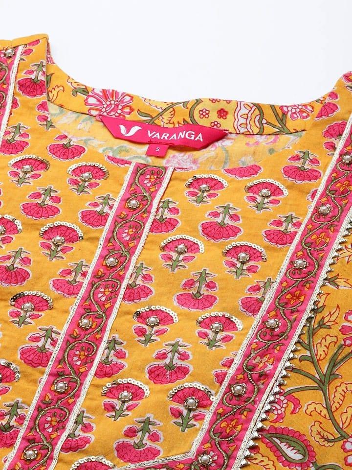 Varanga Women Yellow Pure Cotton Floral Printed Gotta Patti Kurta with Trousers & Dupatta - Indiakreations