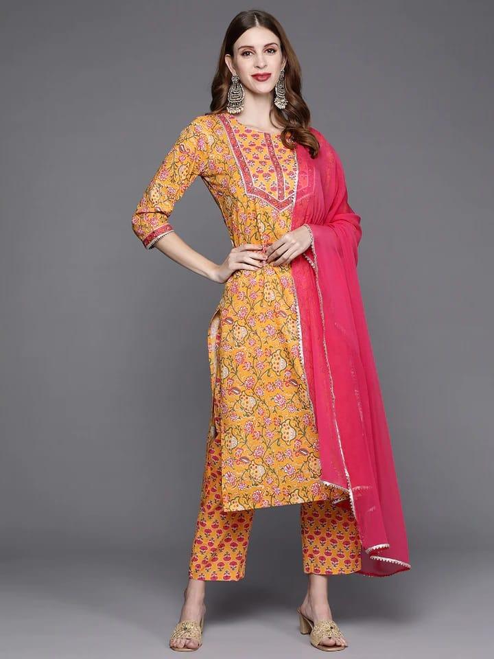 Varanga Women Yellow Pure Cotton Floral Printed Gotta Patti Kurta with Trousers & Dupatta - Indiakreations