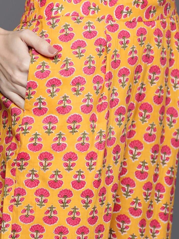 Varanga Women Yellow Pure Cotton Floral Printed Gotta Patti Kurta with Trousers & Dupatta - Indiakreations