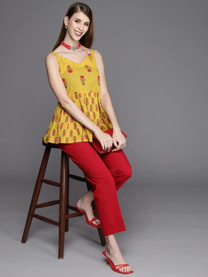 Varanga Yellow & Pink Printed Cotton Top - Indiakreations