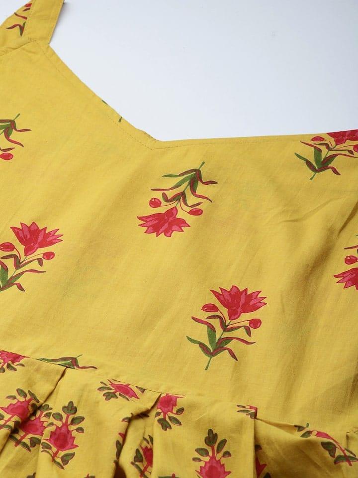 Varanga Yellow & Pink Printed Cotton Top - Indiakreations