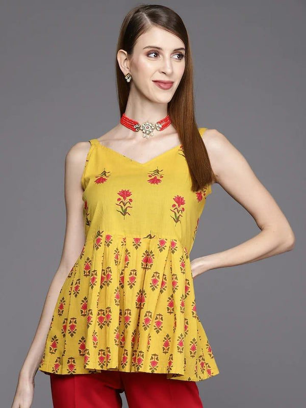 Varanga Yellow & Pink Printed Cotton Top - Indiakreations