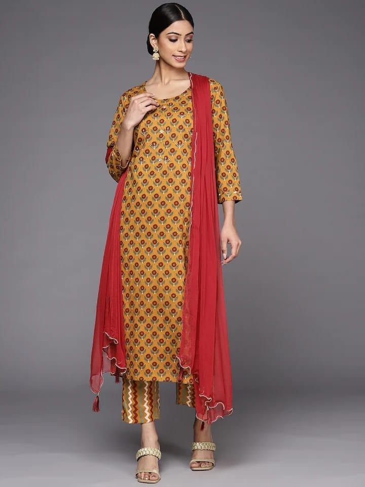 Varanga Women Mustard Yellow Ethnic Motifs Printed Pure Cotton Kurta with Trousers & With Dupatta - Indiakreations