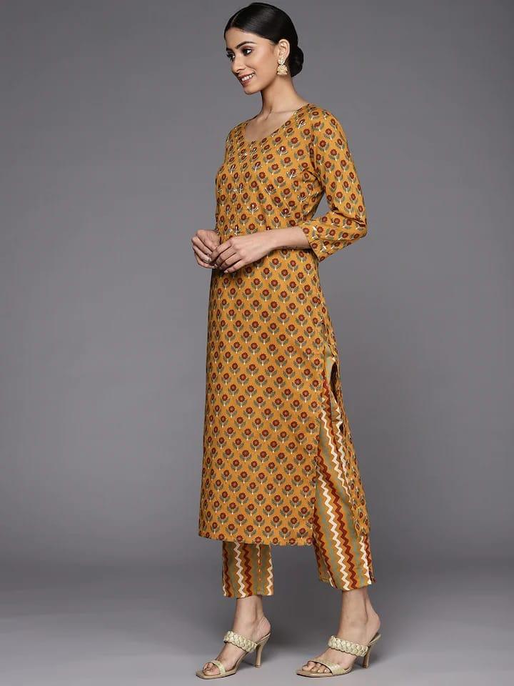 Varanga Women Mustard Yellow Ethnic Motifs Printed Pure Cotton Kurta with Trousers & With Dupatta - Indiakreations