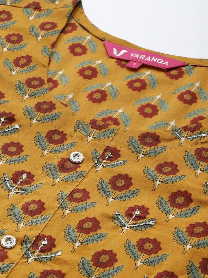 Varanga Women Mustard Yellow Ethnic Motifs Printed Pure Cotton Kurta with Trousers & With Dupatta - Indiakreations