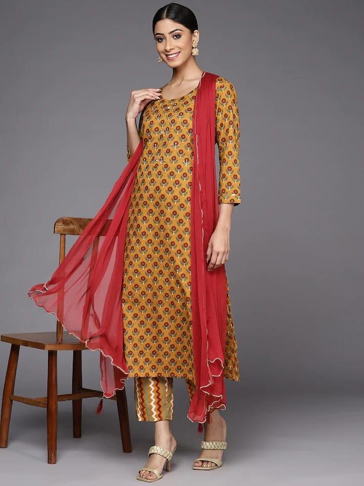 Varanga Women Mustard Yellow Ethnic Motifs Printed Pure Cotton Kurta with Trousers & With Dupatta - Indiakreations