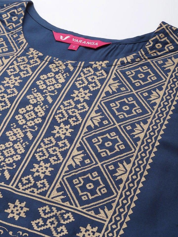 Varanga Women Navy Blue & Gold-Toned Printed Kurta - Indiakreations