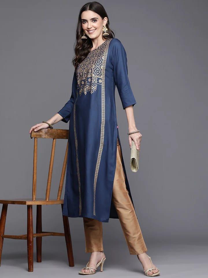 Varanga Women Navy Blue & Gold-Toned Printed Kurta - Indiakreations