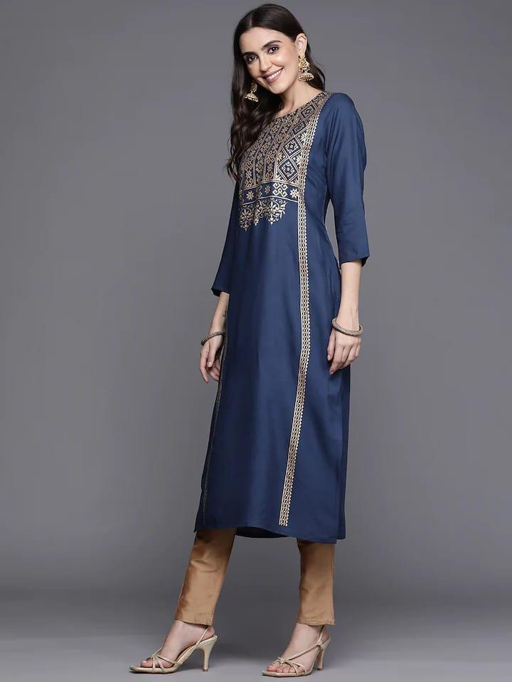 Varanga Women Navy Blue & Gold-Toned Printed Kurta - Indiakreations