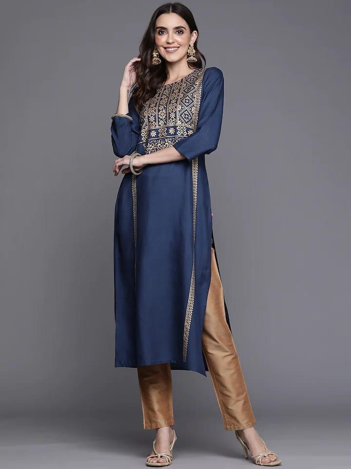 Varanga Women Navy Blue & Gold-Toned Printed Kurta - Indiakreations