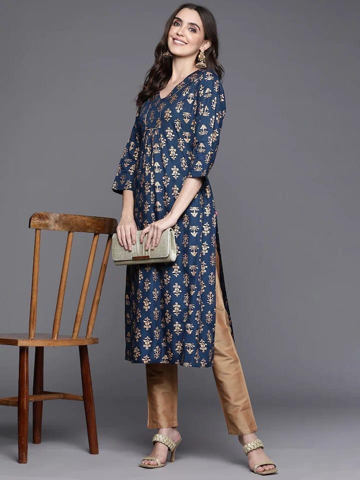 Varanga Women Navy Blue & Gold-Toned Ethnic Motifs Printed Kurta - Indiakreations