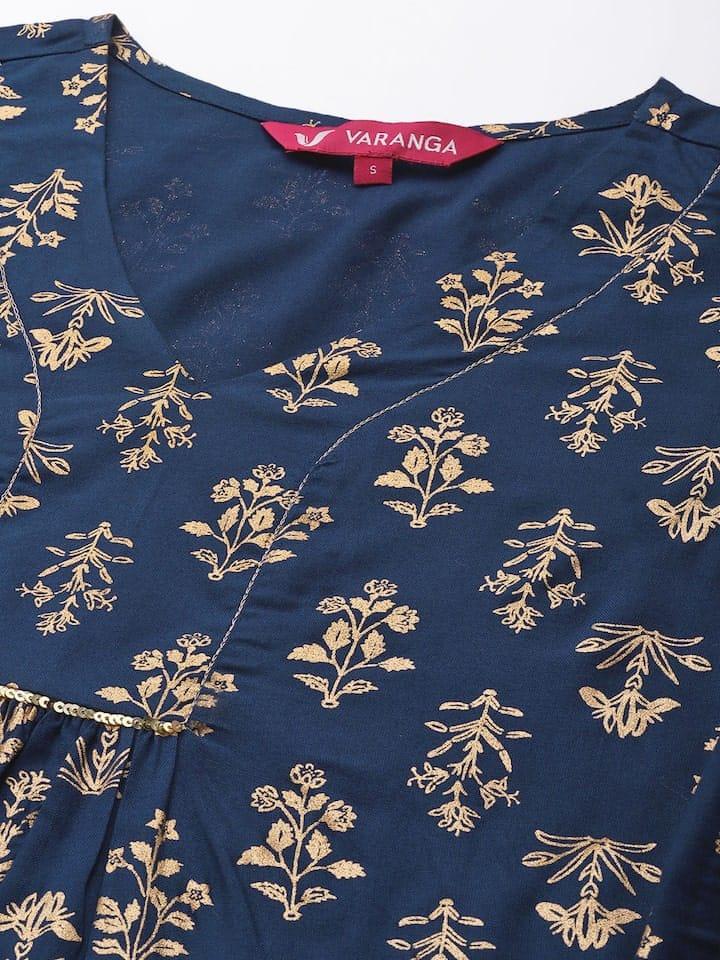 Varanga Women Navy Blue & Gold-Toned Ethnic Motifs Printed Kurta - Indiakreations