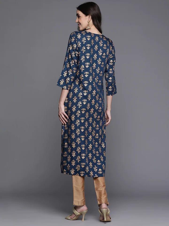 Varanga Women Navy Blue & Gold-Toned Ethnic Motifs Printed Kurta - Indiakreations