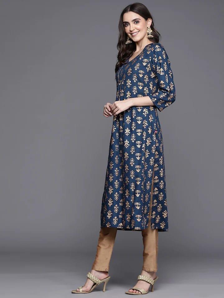 Varanga Women Navy Blue & Gold-Toned Ethnic Motifs Printed Kurta - Indiakreations