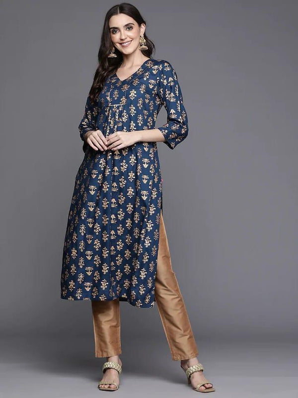 Varanga Women Navy Blue & Gold-Toned Ethnic Motifs Printed Kurta - Indiakreations