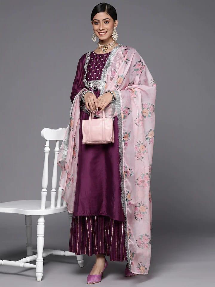 Varanga Women Purple Embroidered Chanderi Silk Kurta with Sharara & With Dupatta - Indiakreations