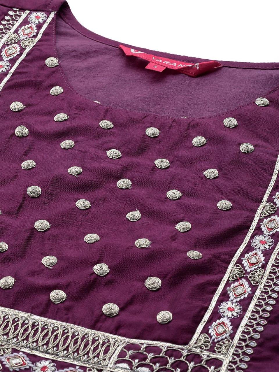 Varanga Women Purple Embroidered Chanderi Silk Kurta with Sharara & With Dupatta - Indiakreations