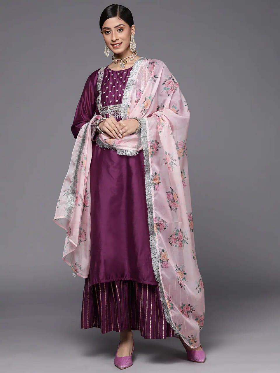 Varanga Women Purple Embroidered Chanderi Silk Kurta with Sharara & With Dupatta - Indiakreations